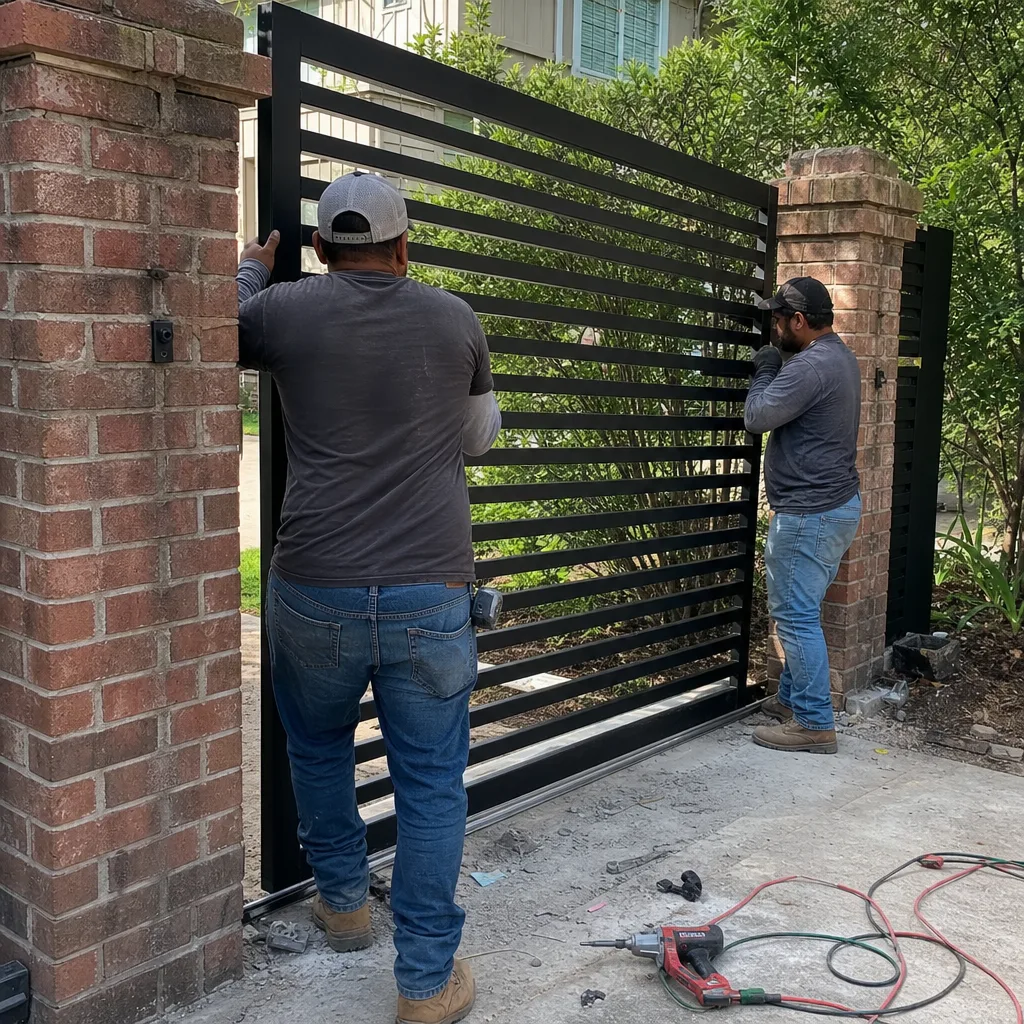 Two professionals installing a modern black metal horizontal slat gate