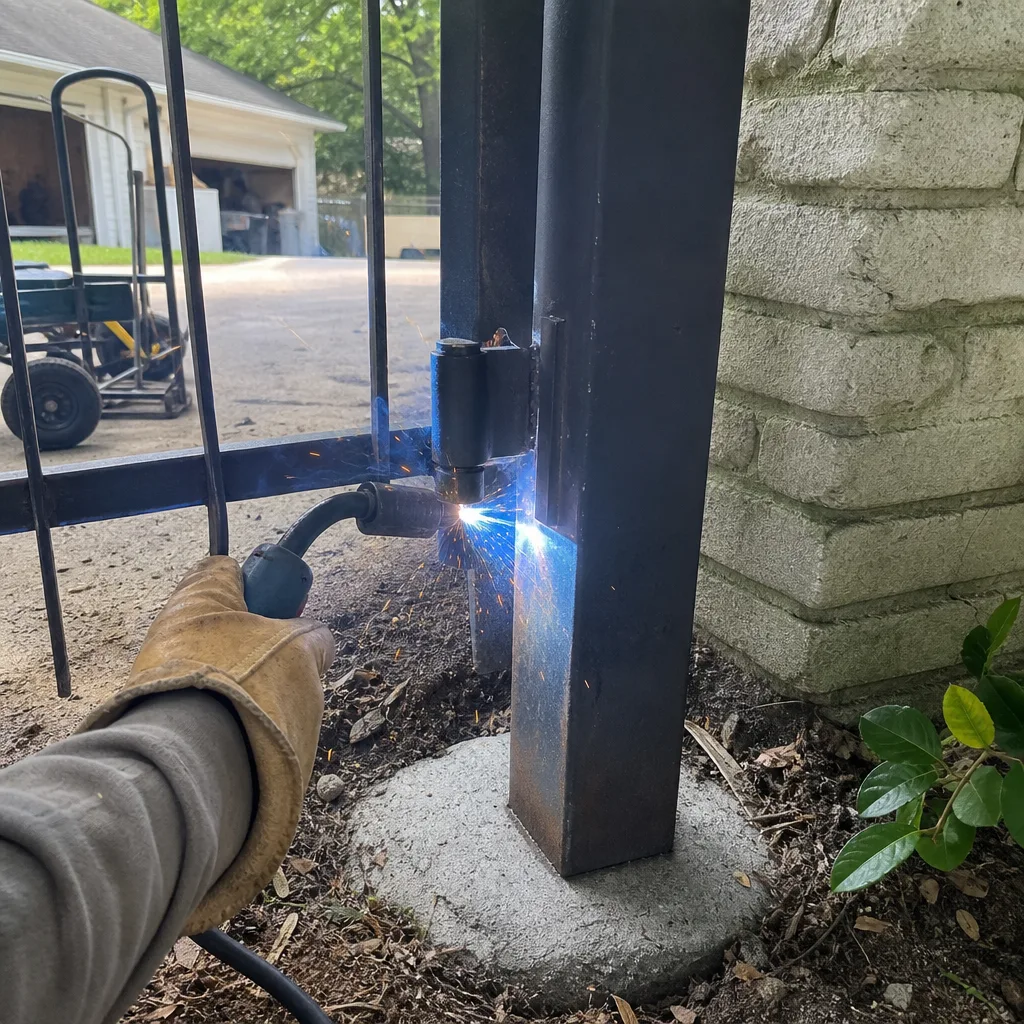 Professional welder performing residential metal gate hinge installation and repair