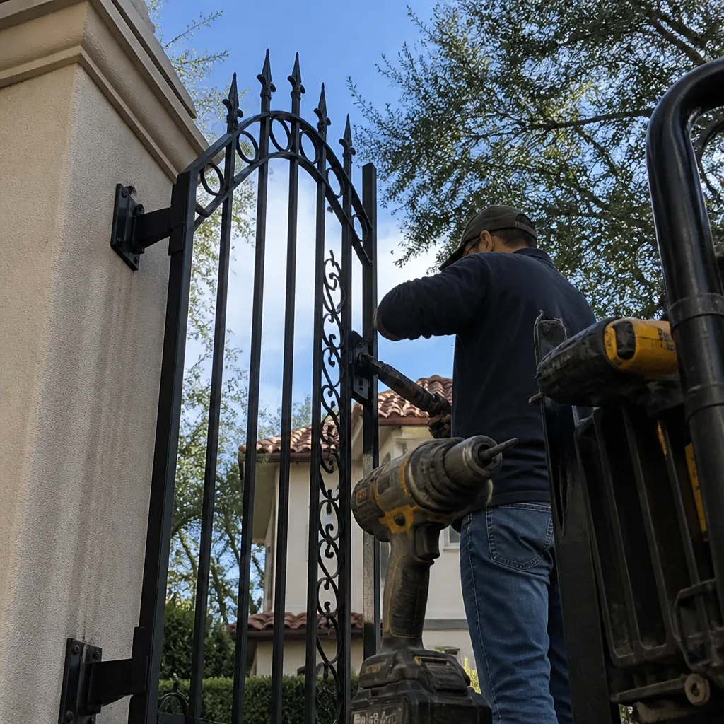 Technician performing professional gate repair and installation on a metal gate